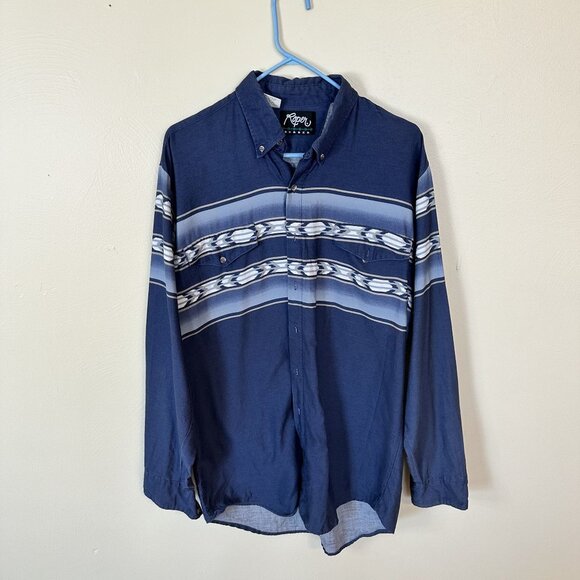 Roper Mens XL Western Shirt Aztec Pattern 100% Cotton Vtg Tall Blue White - Picture 6 of 8